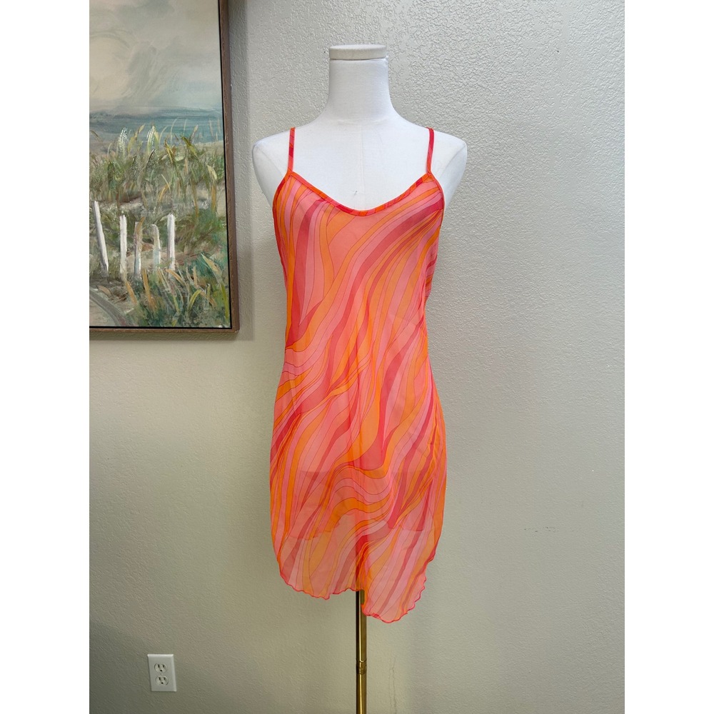 Petra Fashions Sheer Mesh Psychedelic Swirl Chemise Nightgown Orange Pink S